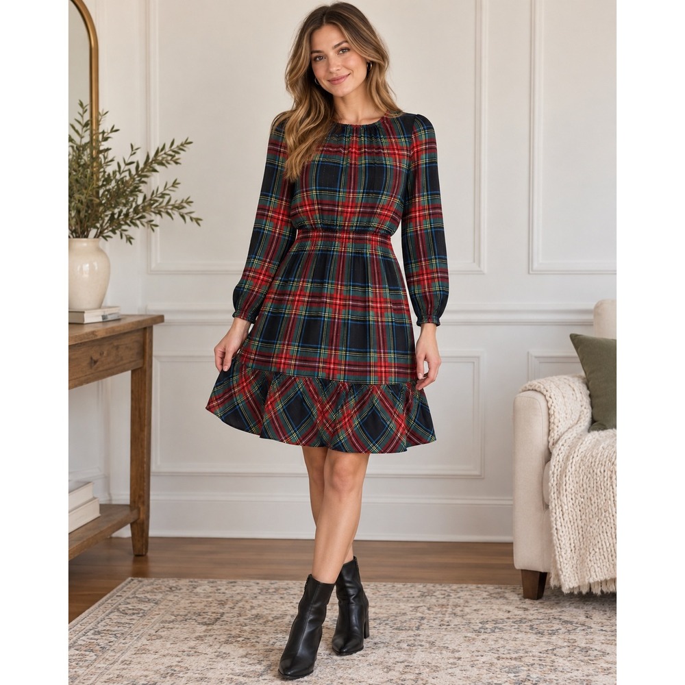J.Crew Plaid Dress Red Green Metallic Stewart Tartan Smocked Waist XS